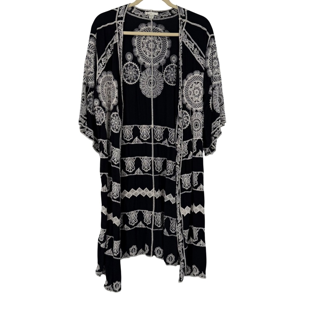 Boho Indie Kimono Cardigan Women's 18/20 Black Embroidered Open Longline Cato
